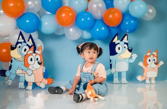 Child in cute setting with balloons and animated character cutouts in a colorful birthday setup.